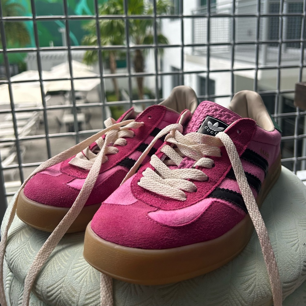 adidas Women's Pink Suede Sneakers with Black Stripes